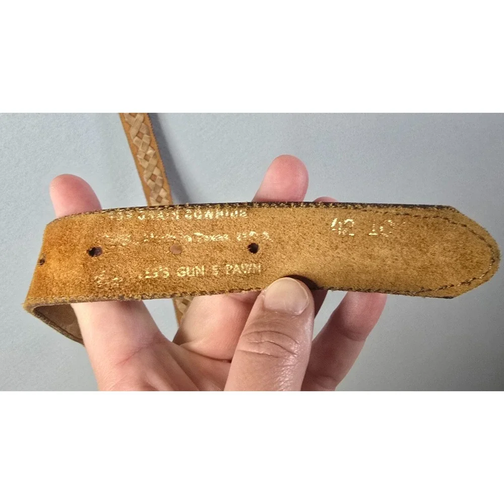 Vintage‎ USA Made Western Leather Belt 42 Woven Cowhide Tan Brass Buckle Texas